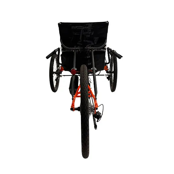 Rear view of the TerraTrike Gran Tourismo e-Plus Flame On Recumbent Trike against a white background.