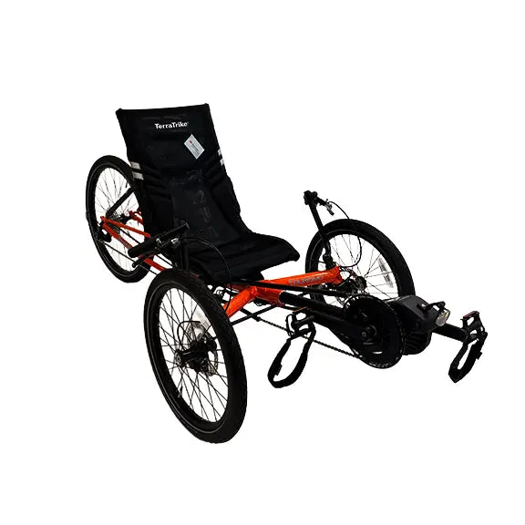 Angled side view of the TerraTrike Gran Tourismo e-Plus Flame On Recumbent Trike against a white background.