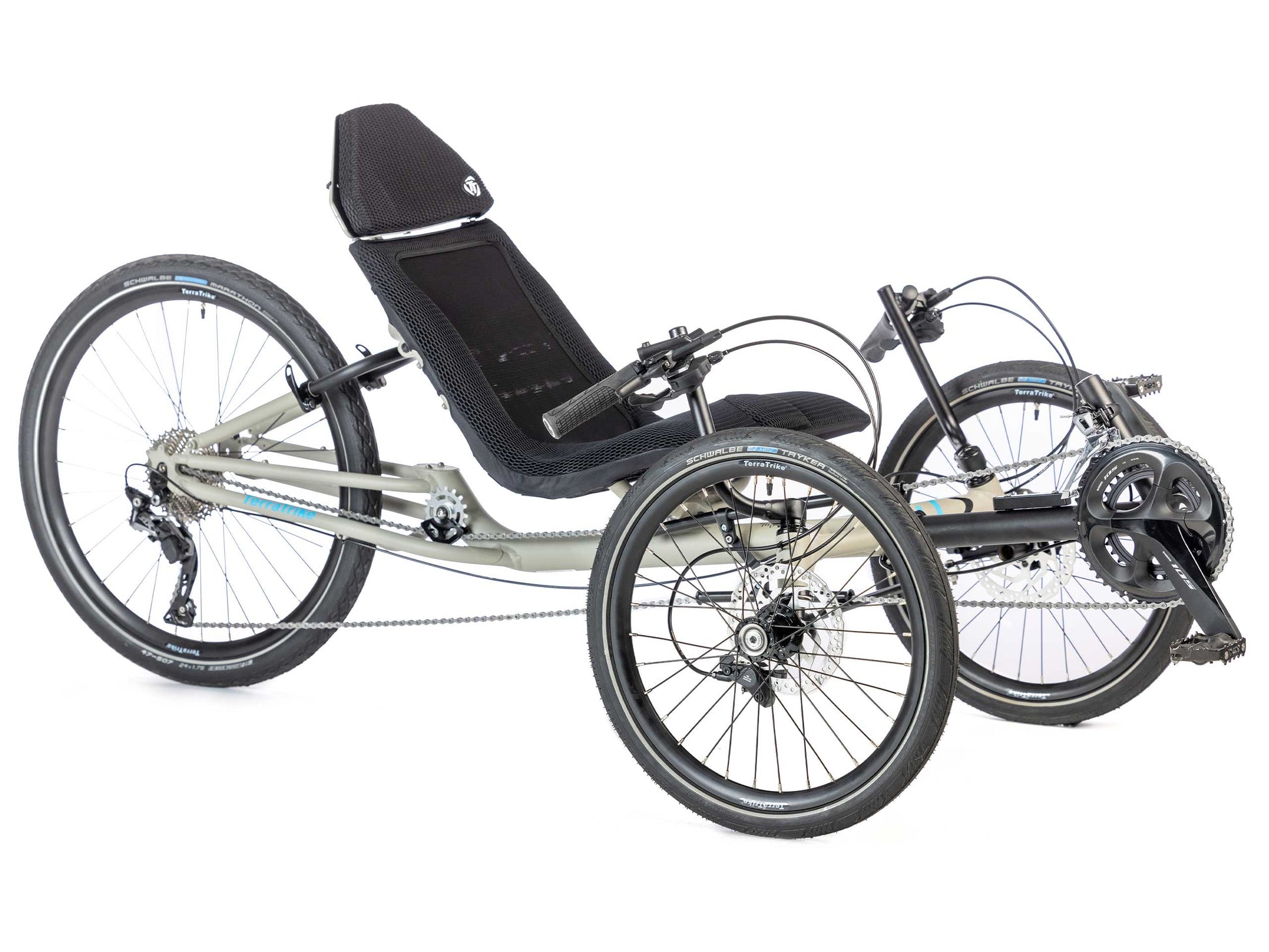 The TerraTrike GTS Recumbent Trike in Fog pictured at an angled profile.