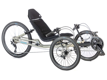 The TerraTrike GTS Recumbent Trike in Fog pictured at an angled profile.