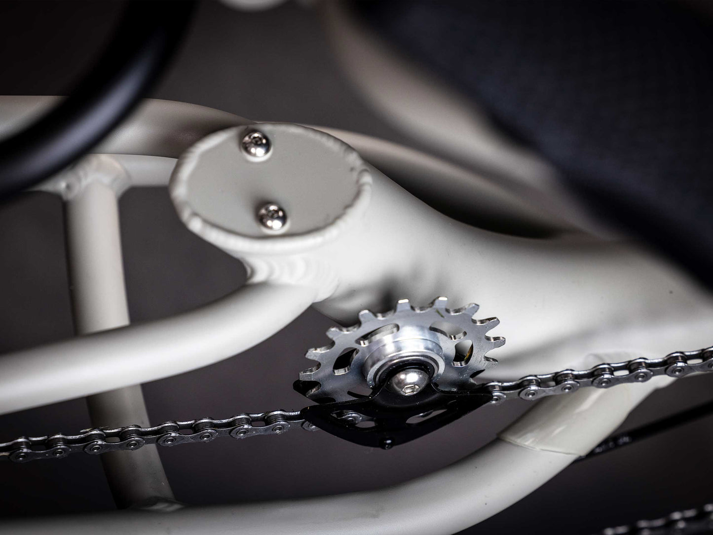 A close up view of an idler cog and chain of the TerraTrike GTS Recumbent Trike in Fog.