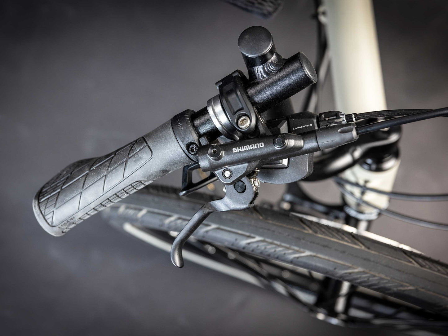 A closeup of the grip and shifter of the TerraTrike GTS Recumbent Trike in Fog.