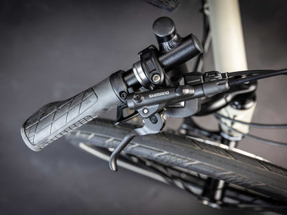 A closeup of the grip and shifter of the TerraTrike GTS Recumbent Trike in Fog.