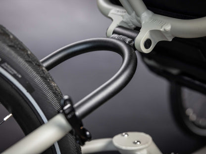 The rear seat stays in black of TerraTrike GTS Recumbent Trike in Fog.