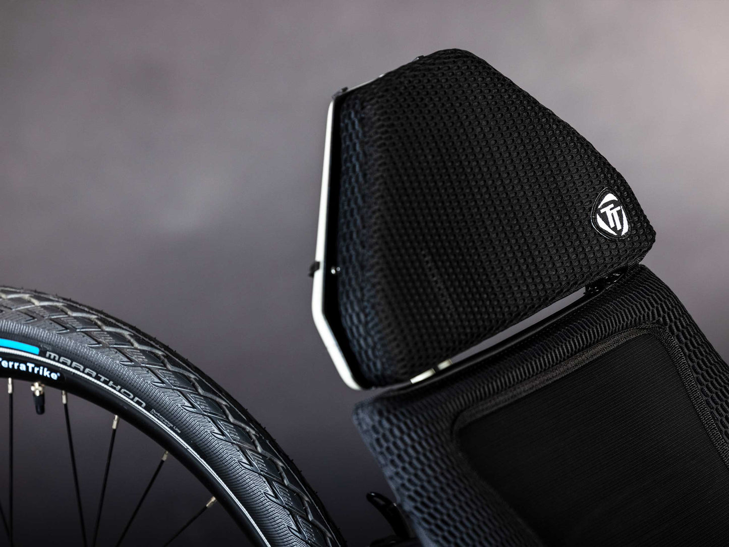 The front of the mesh seat of the TerraTrike GTS Recumbent Trike in Fog.