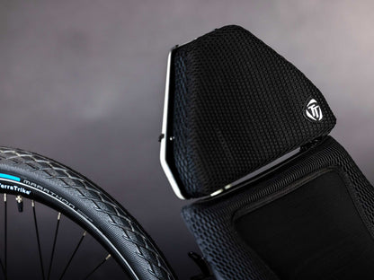 The front of the mesh seat of the TerraTrike GTS Recumbent Trike in Fog.