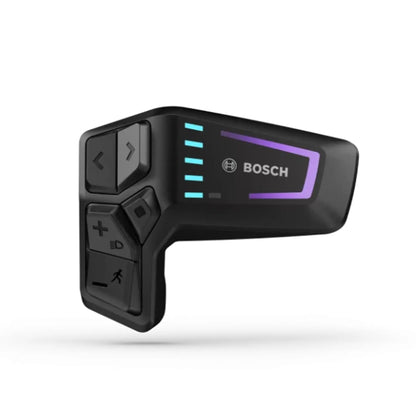 Side view of the Bosch Smart LED Remote Controller on the TerraTrike Rambler E-Plus Recumbent Trike against a white background.