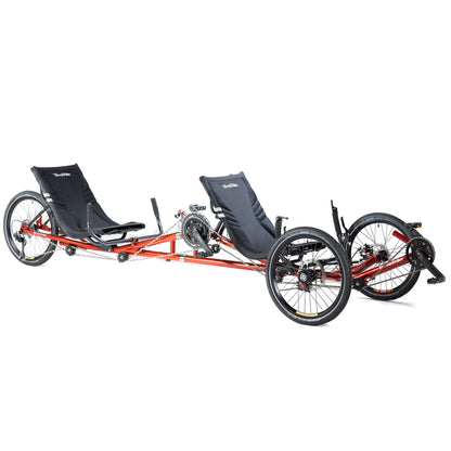 Angled side view of the TerraTrike Tandem Pro Sparkle Copper Recumbent Trike against a white background.