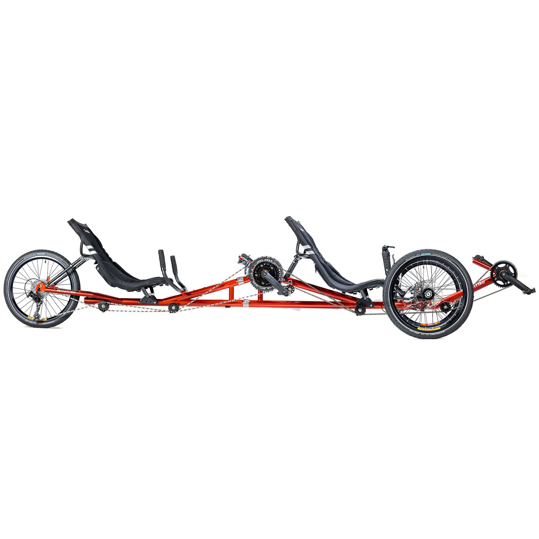 Side view of the TerraTrike Tandem Pro Sparkle Copper Recumbent Trike against a white background.