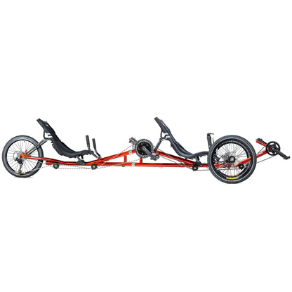 Side view of the TerraTrike Tandem Pro Sparkle Copper Recumbent Trike against a white background.