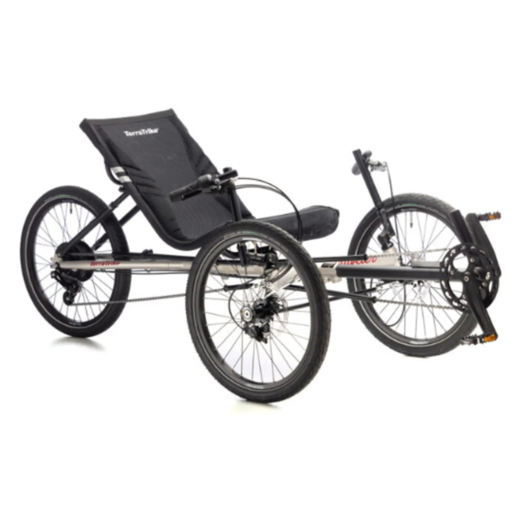 Angled side view of the TerraTrike Traveler Champagne Recumbent Trike against a white background.