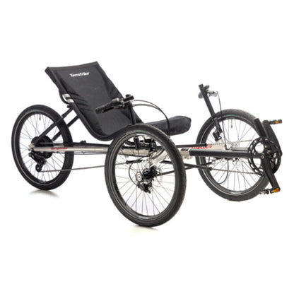 Angled side view of the TerraTrike Traveler Champagne Recumbent Trike against a white background.