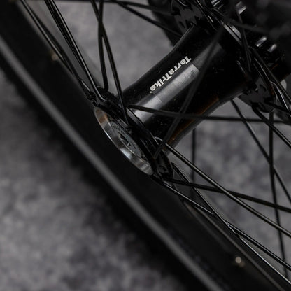 Closeup view of the TerraTrike front hub on the TerraTrike Traveler Champagne Recumbent Trike against a gray background.