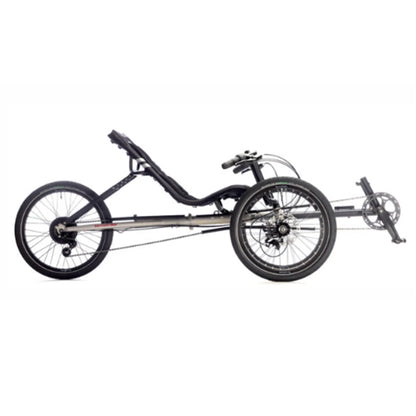 Side view of the TerraTrike Traveler Champagne Recumbent Trike against a white background.