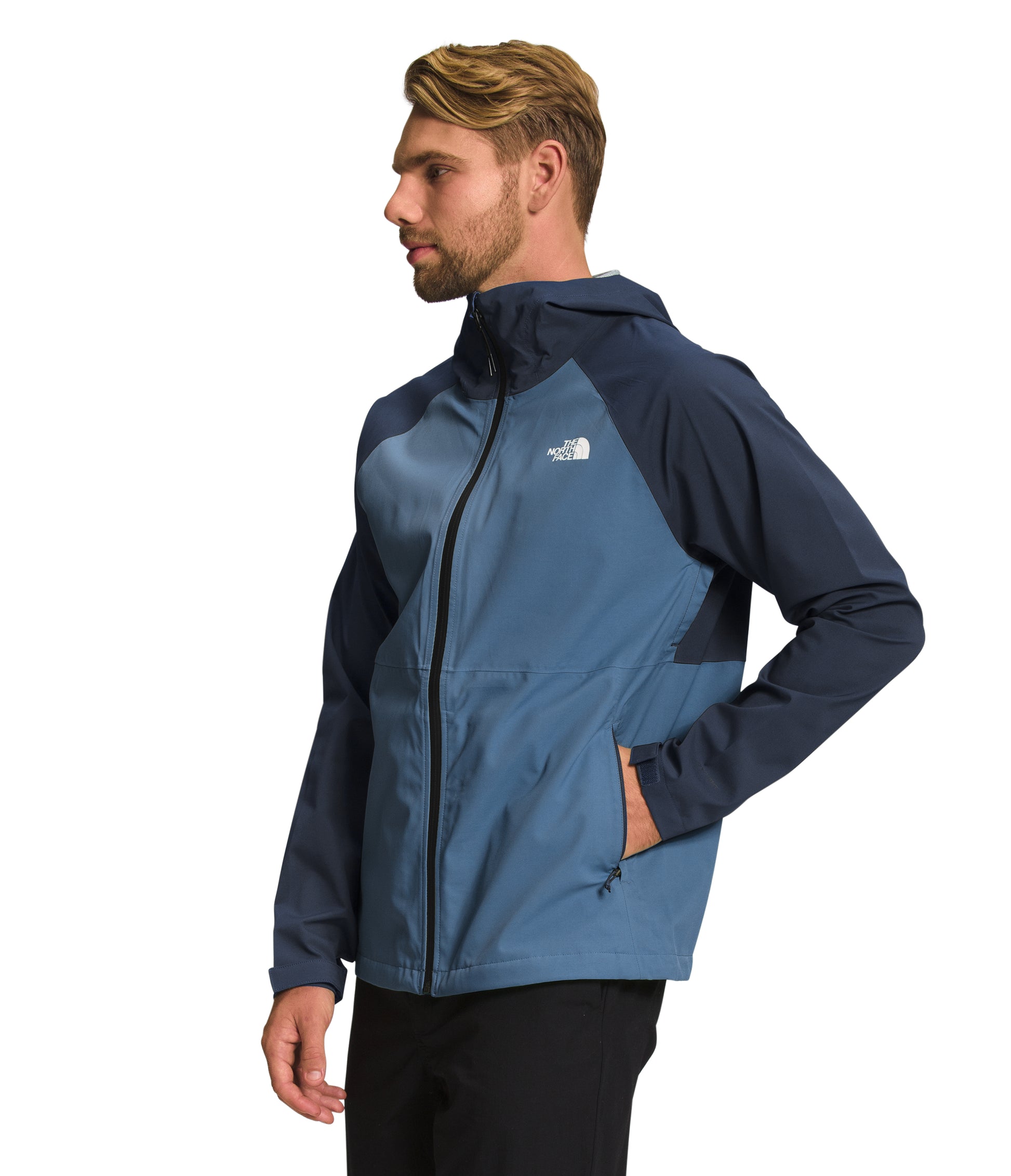 The North Face Mens Valle Vista Stretch Jacket Summit Navy/Shady Blue being worn by model studio image side