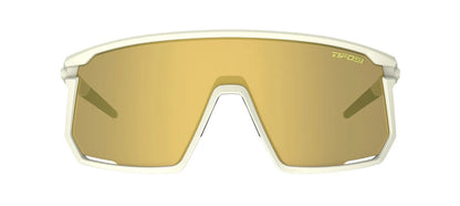 Front view of off white Sahara Tifosi Moab sunglasses with gold lenses on a white background. 