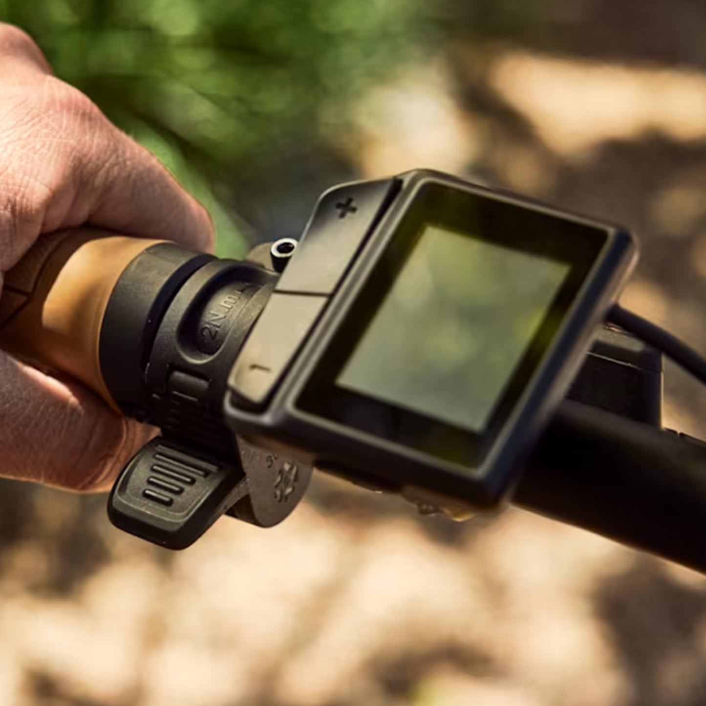 Closeup view of the e-assist controls and throttle on the Trek Borrego+ S in an outdoor setting.