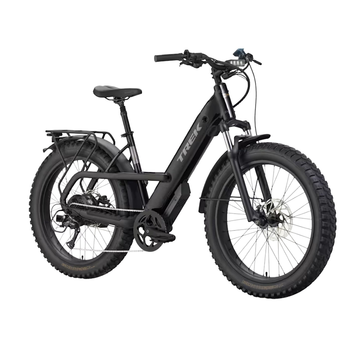 Angled front view of the Trek Borrego+ S in Gloss Dark Star against a white background.