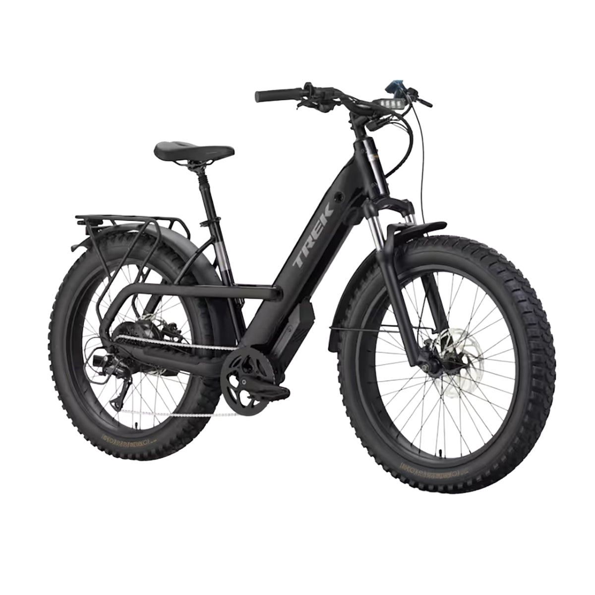 Angled front view of the Trek Borrego+ S in Gloss Dark Star against a white background.