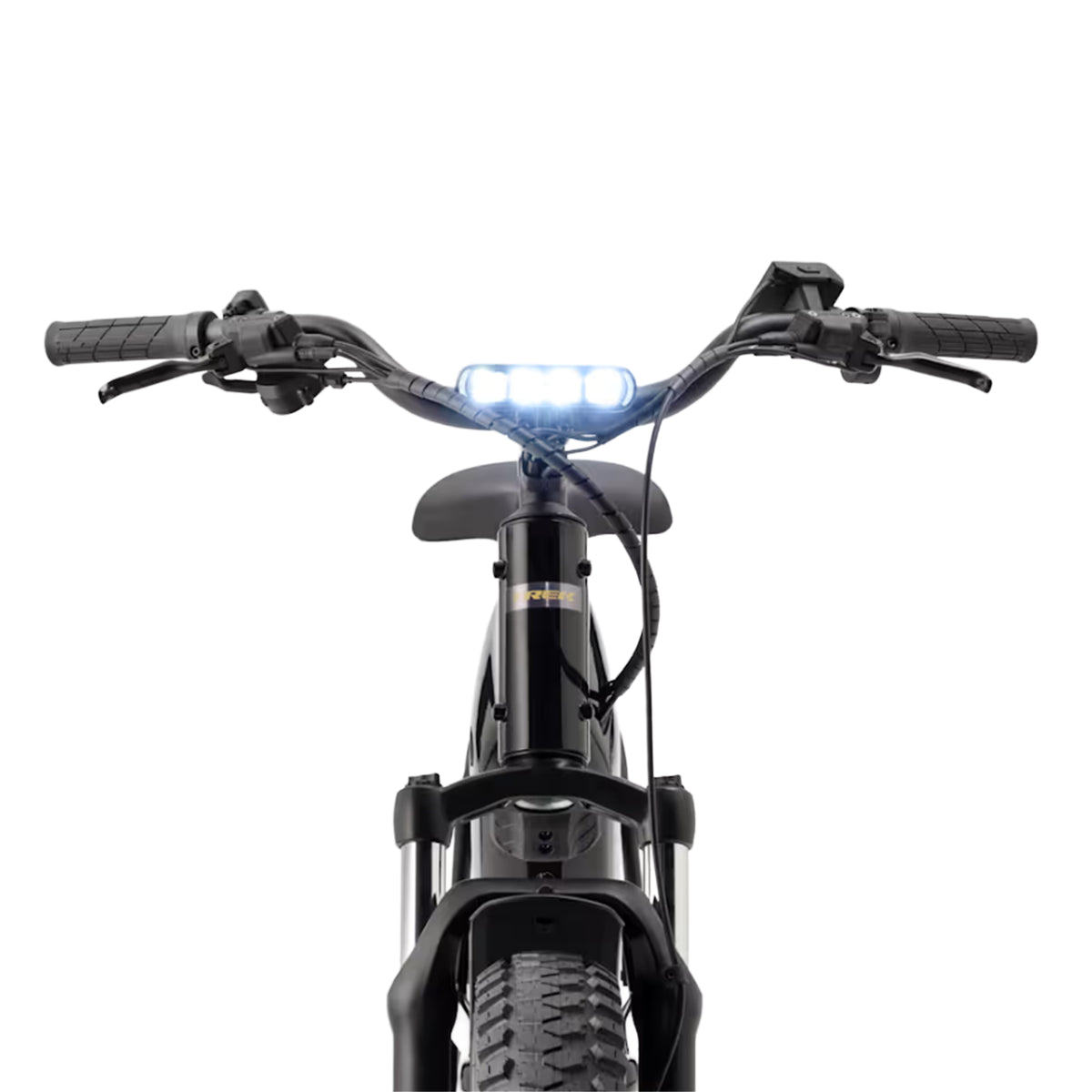 Closeup view of the headlight and handlebars on the Trek Borrego+ S in Gloss Dark Star against a white background.