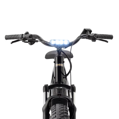 Closeup view of the headlight and handlebars on the Trek Borrego+ S in Gloss Dark Star against a white background.