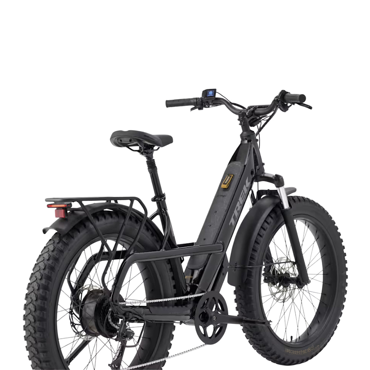 Angled rear view of the Trek Borrego+ S in Gloss Dark Star against a white background.