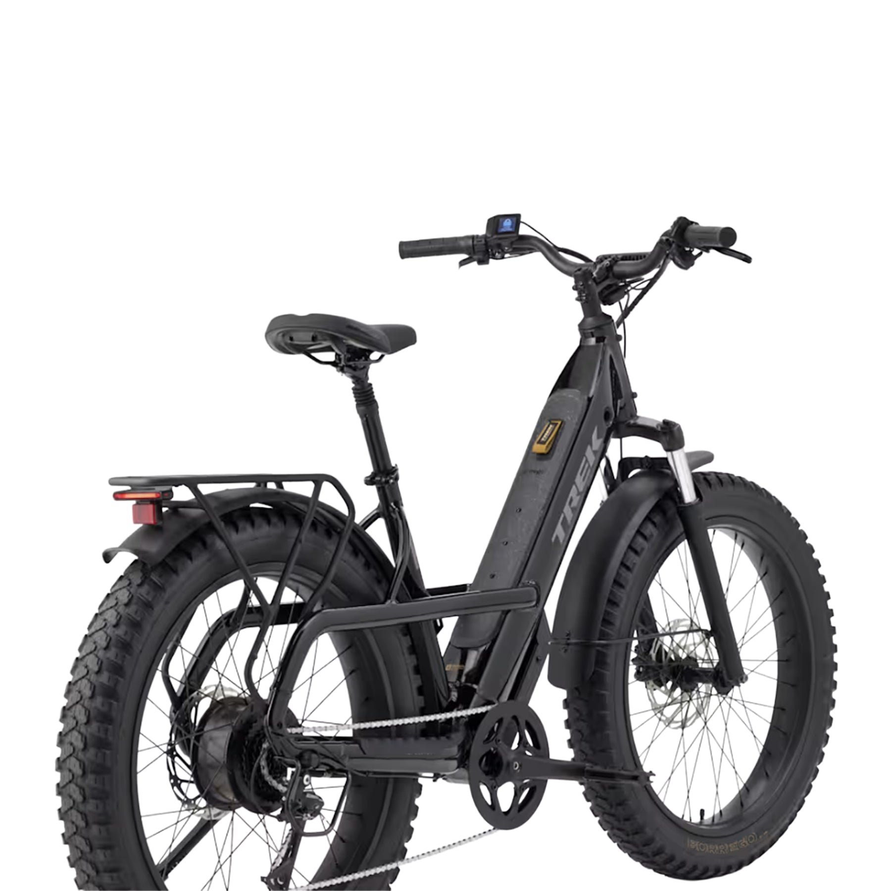 Angled rear view of the Trek Borrego+ S in Gloss Dark Star against a white background.