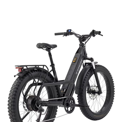 Angled rear view of the Trek Borrego+ S in Gloss Dark Star against a white background.