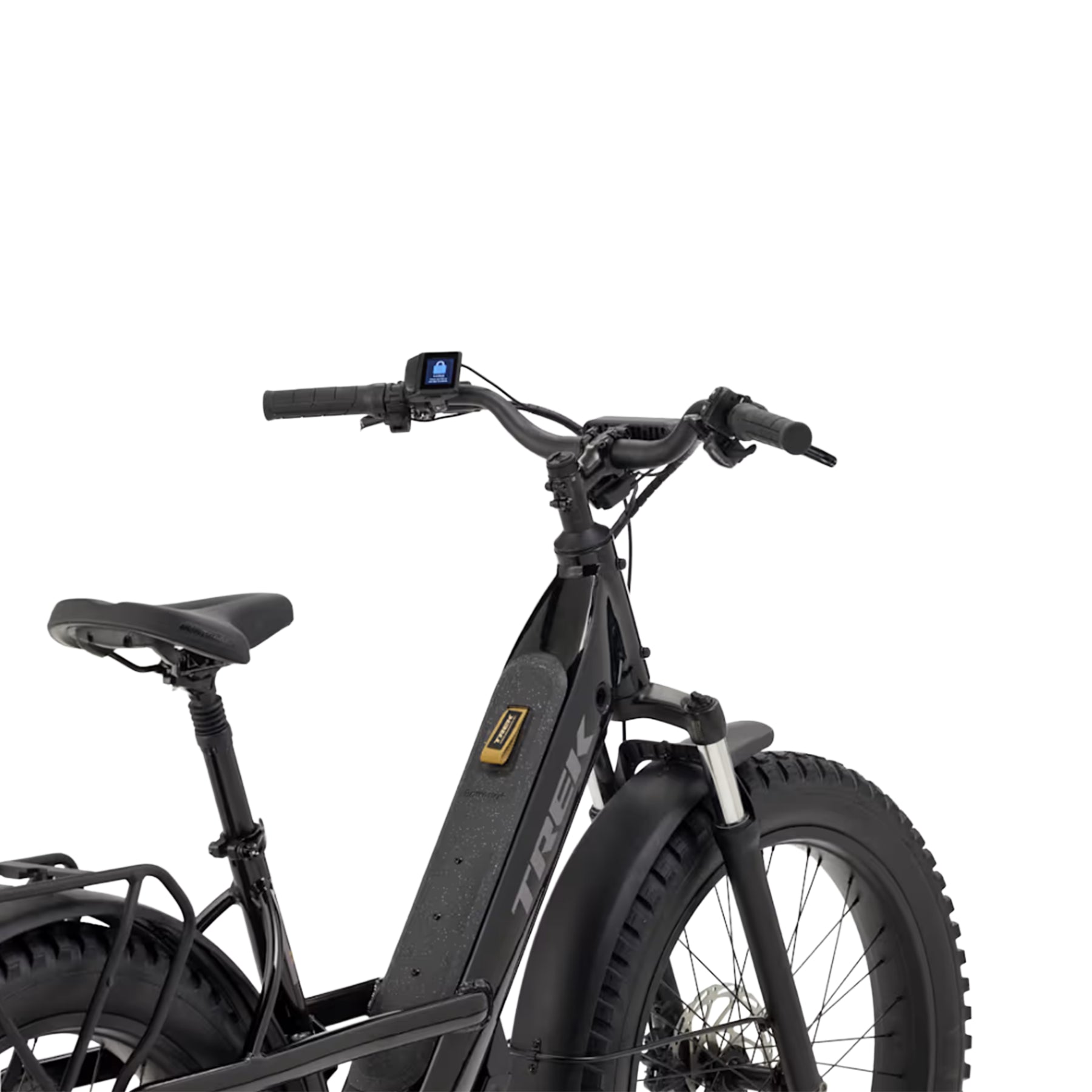 Closeup view of the seat, frame and handlebar controls on the Trek Borrego+ S in Gloss Dark Star against a white background.