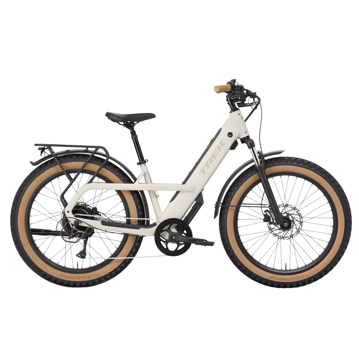 Side view of the Trek Borrego+ S in Matte Buff Beige against a white background.