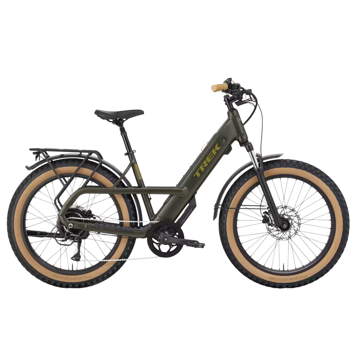 Side view of the Trek Borrego+ S in Matte Olive Drab against a white background.