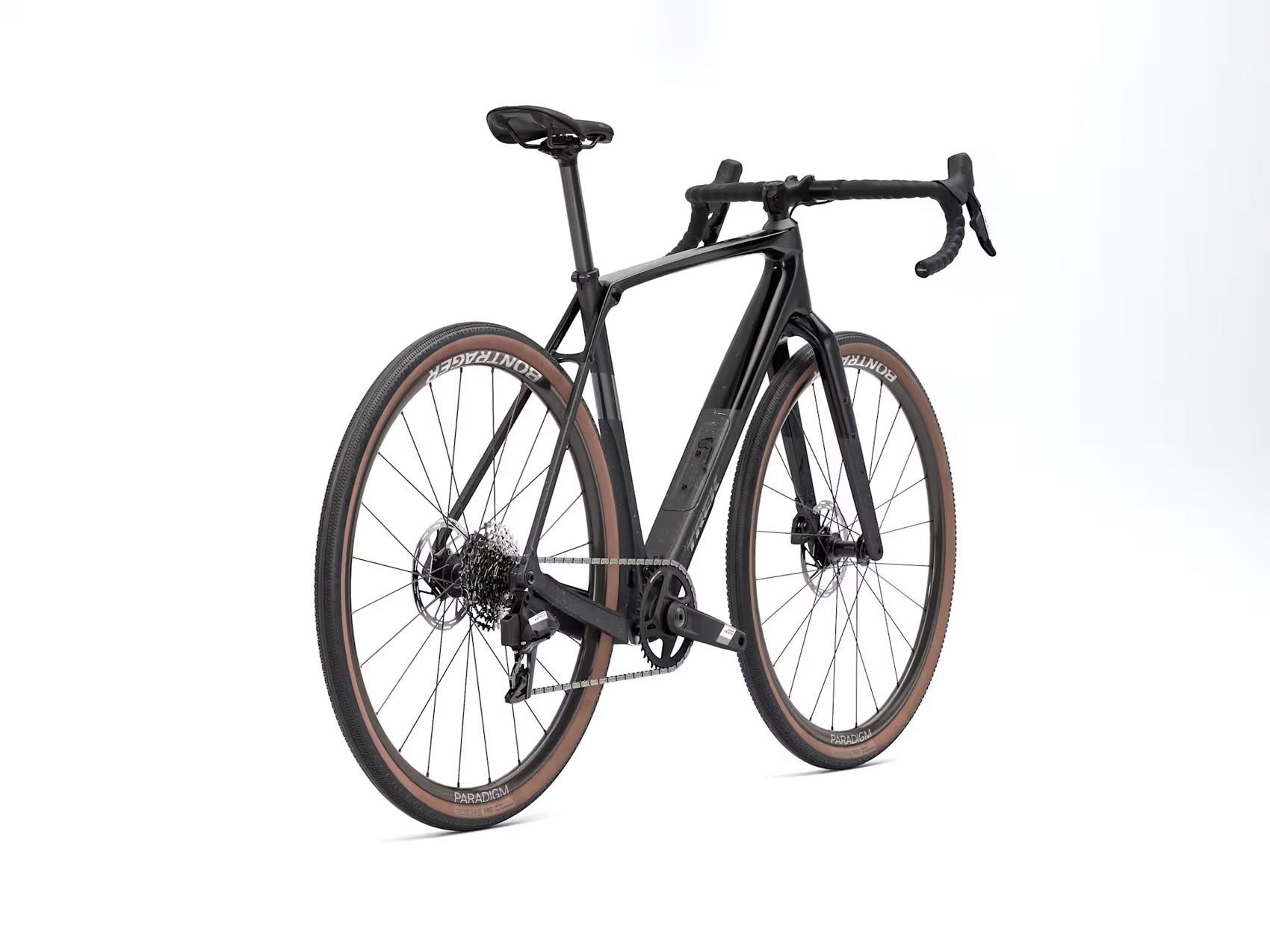 Rear quarter view of the Trek Checkpoint SL 5 Gen 3 AXS Road Bike in Black/Matte Carbon Smoke, shown on a white background.