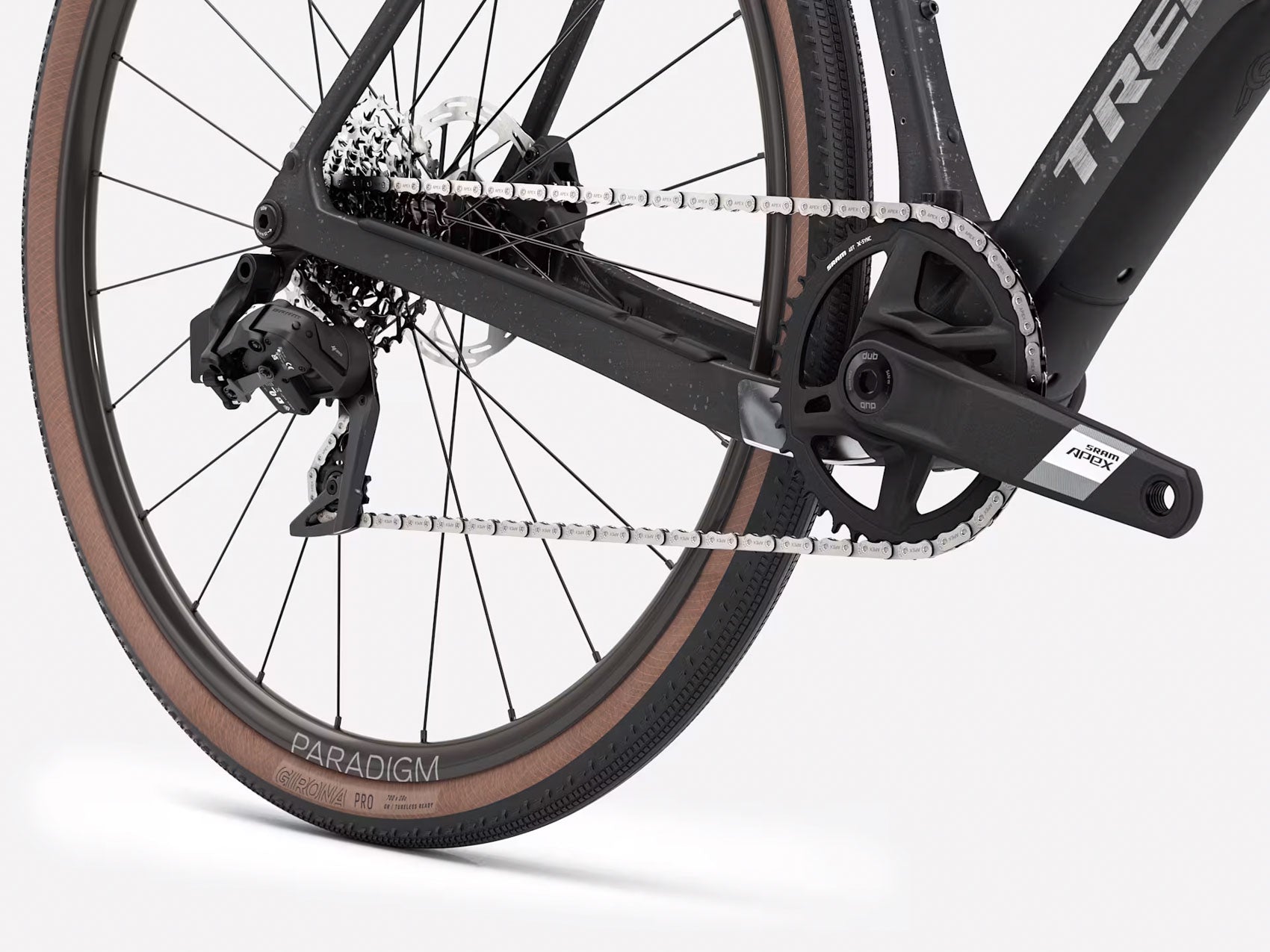 Side detail view of the drivetrain of the Trek Checkpoint SL 5 Gen 3 AXS Road Bike in Black/Matte Carbon Smoke, shown on a white background.