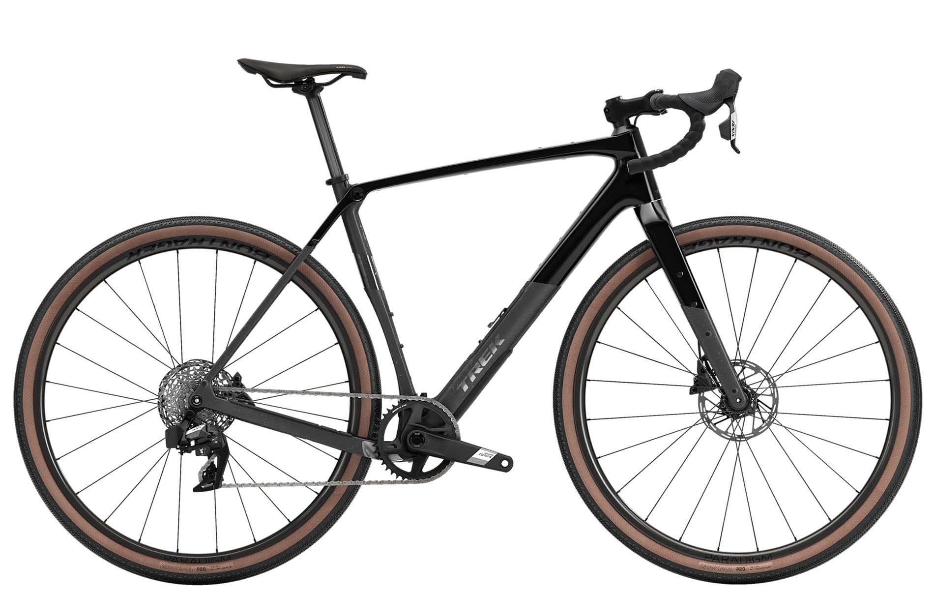 Side view of the Trek Checkpoint SL 5 Gen 3 AXS Road Bike in Black/Matte Carbon Smoke, shown on a white background.