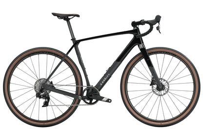 Side view of the Trek Checkpoint SL 5 Gen 3 AXS Road Bike in Black/Matte Carbon Smoke, shown on a white background.