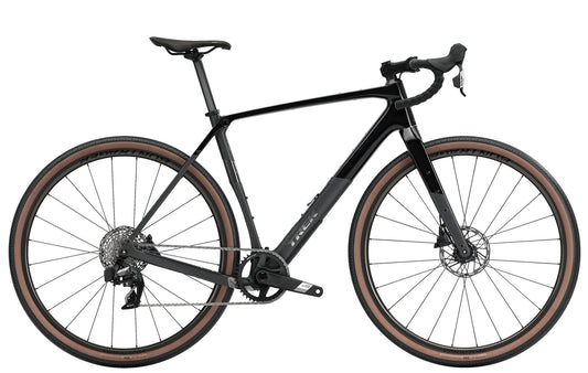 Side view of the Trek Checkpoint SL 5 Gen 3 AXS Road Bike in Black/Matte Carbon Smoke, shown on a white background.