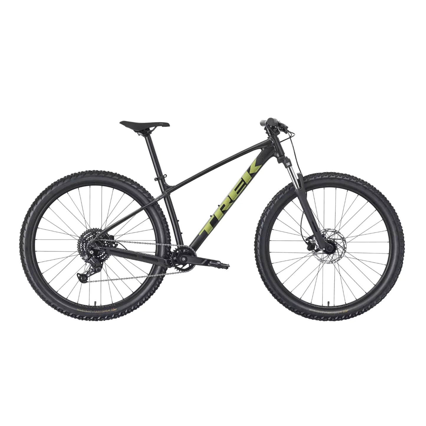 Side view of the Trek Marlin 4 27.5 Matte Dark Web (black with a yellow Trek logo) against a white background.