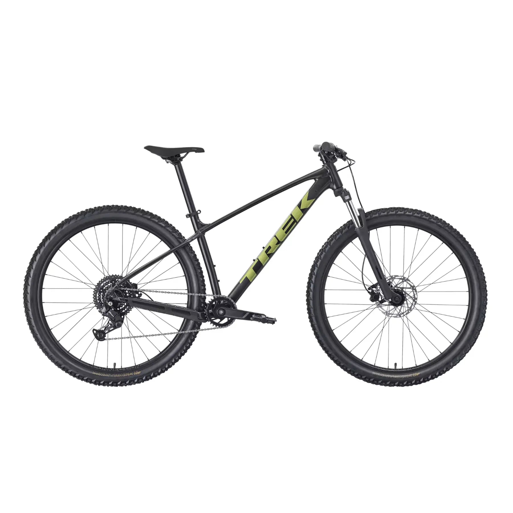 Side view of the Trek Marlin 4 27.5 Matte Dark Web (black with a yellow Trek logo) against a white background.