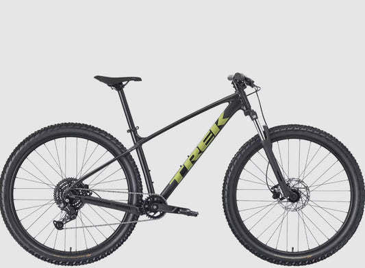 Black and green Trek Marlin 4 mountain bike on a light gray background