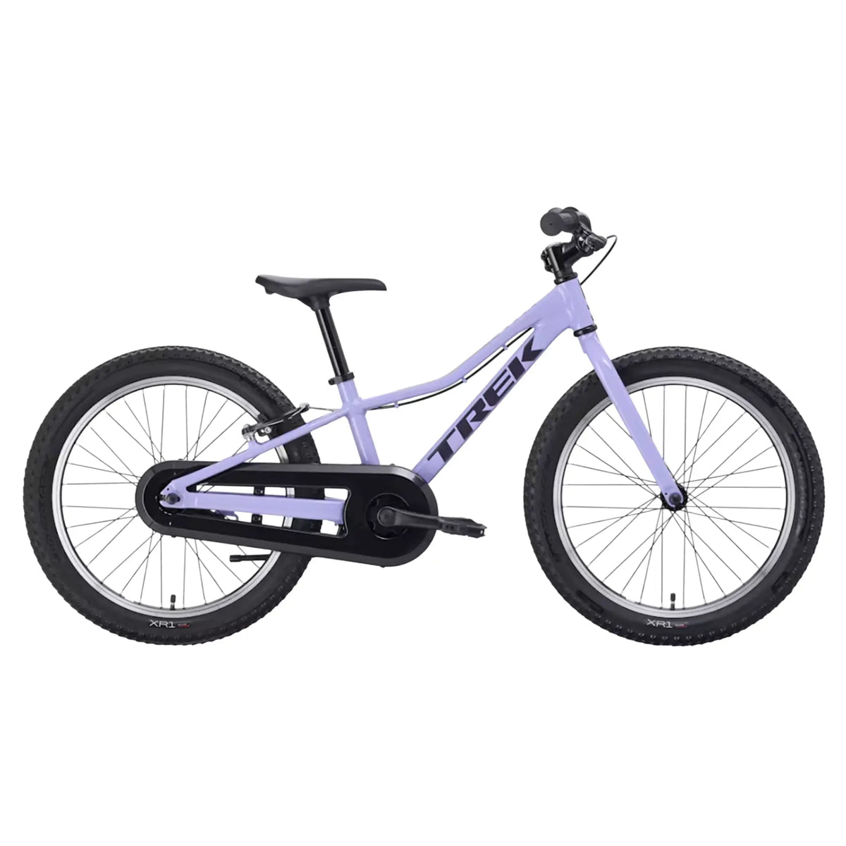 Side view of the Trek Precaliber Kids Single Speed Bike 20 Inch in Lavender Haze against a white background.
