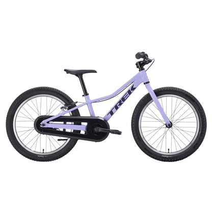Side view of the Trek Precaliber Kids Single Speed Bike 20 Inch in Lavender Haze against a white background.