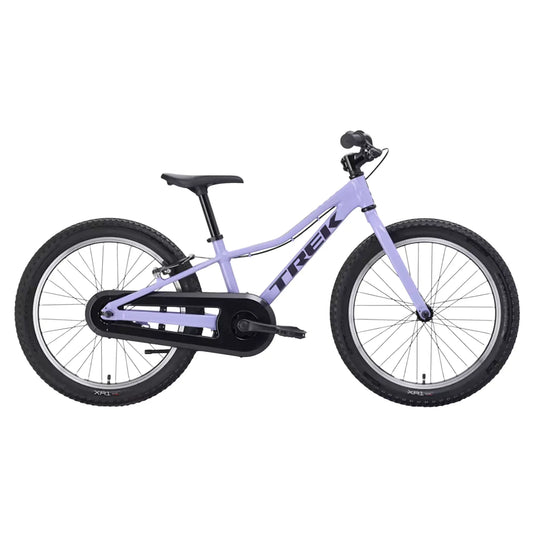 Side view of the Trek Precaliber Kids Single Speed Bike 20 Inch in Lavender Haze against a white background.