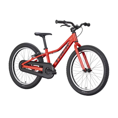 Angled view of the Trek Precaliber Kids Single Speed Bike 20 Inch in Radioactive Red against a white background.