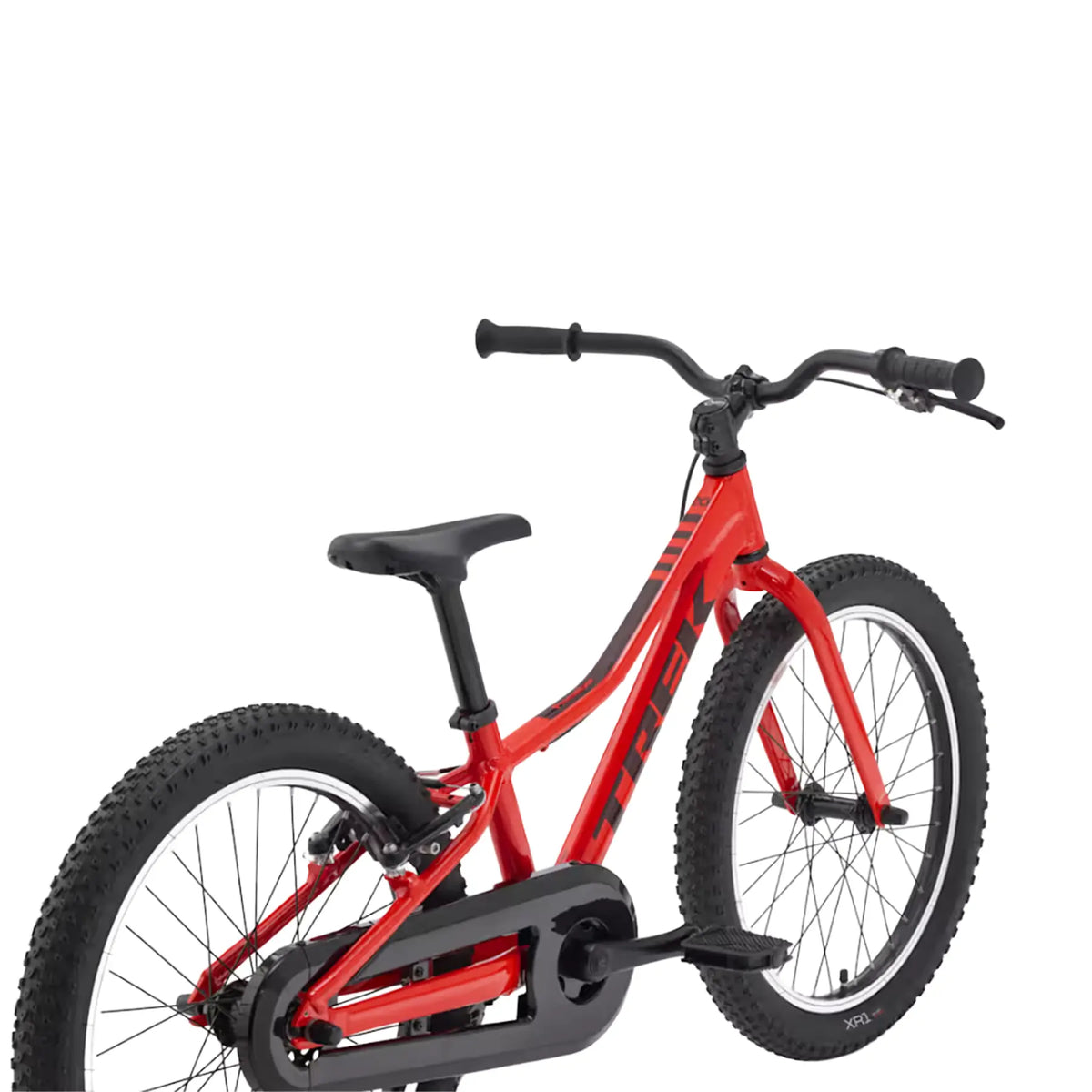 Closeup angled back view of the Trek Precaliber Kids Single Speed Bike 20 Inch in Radioactive Red against a white background.