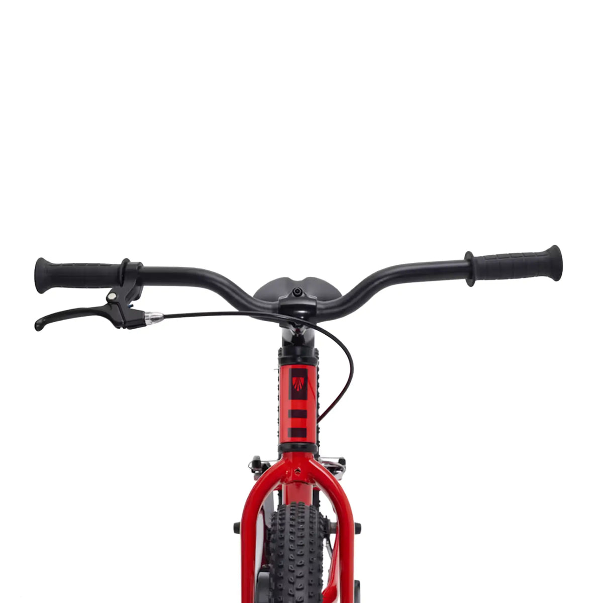 Closeup view of the handlebars on the Trek Precaliber Kids Single Speed Bike 20 Inch in Radioactive Red against a white background.