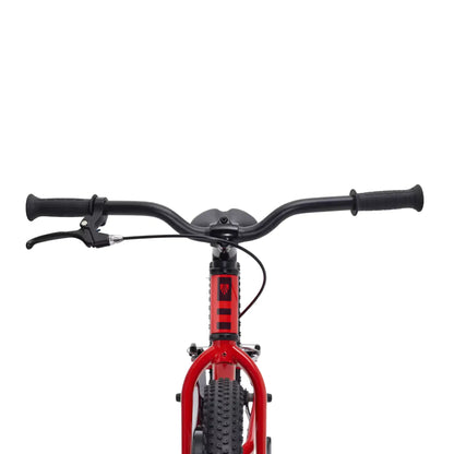 Closeup view of the handlebars on the Trek Precaliber Kids Single Speed Bike 20 Inch in Radioactive Red against a white background.