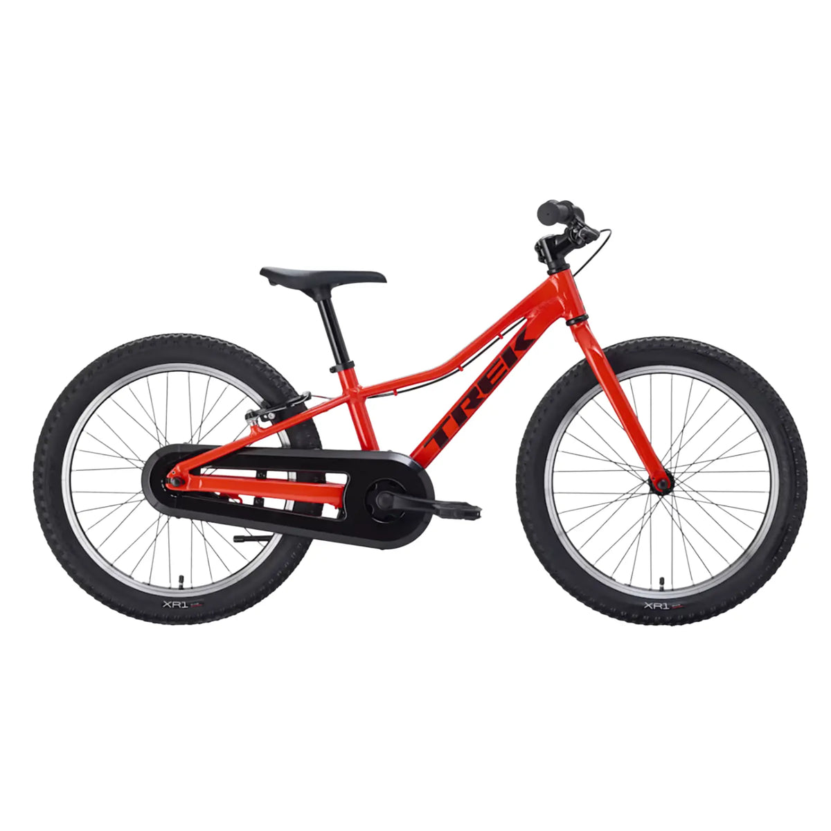 Side view of the Trek Precaliber Kids Single Speed Bike 20 Inch in Radioactive Red against a white background.