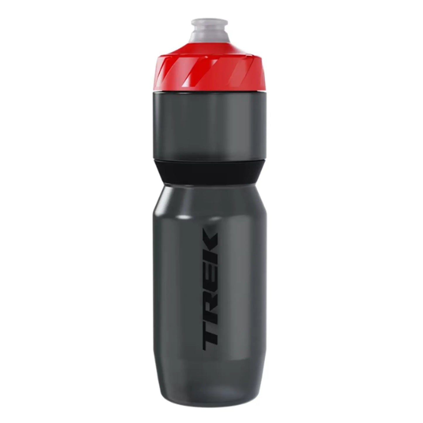 Front view of the Trek Voda Flow 26oz Water Bottle in gray with a red cap and  with a black Trek logo on the side against a white background.