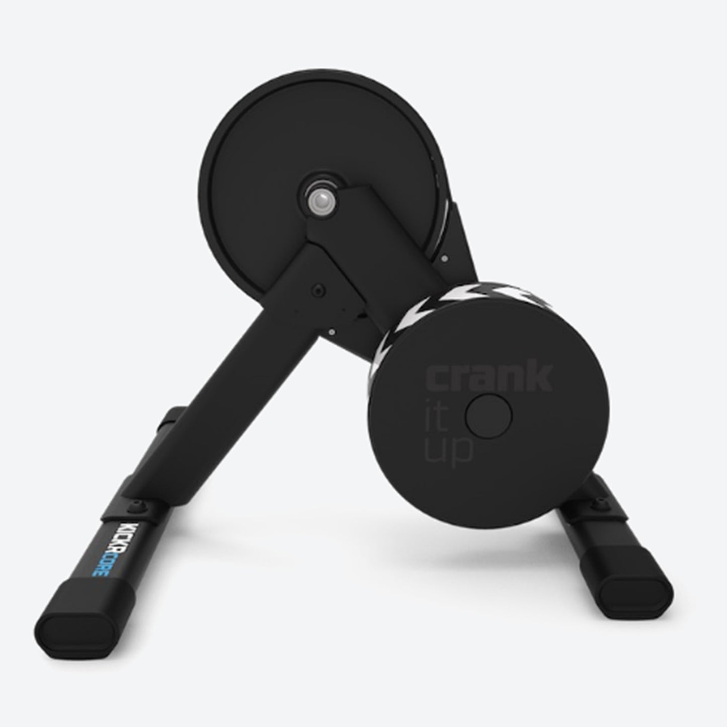 Non-drive side view of Wahoo KICKR Core 2 Smart Trainer with Zwift Cog and Click indoor cycling trainer against a white background.
