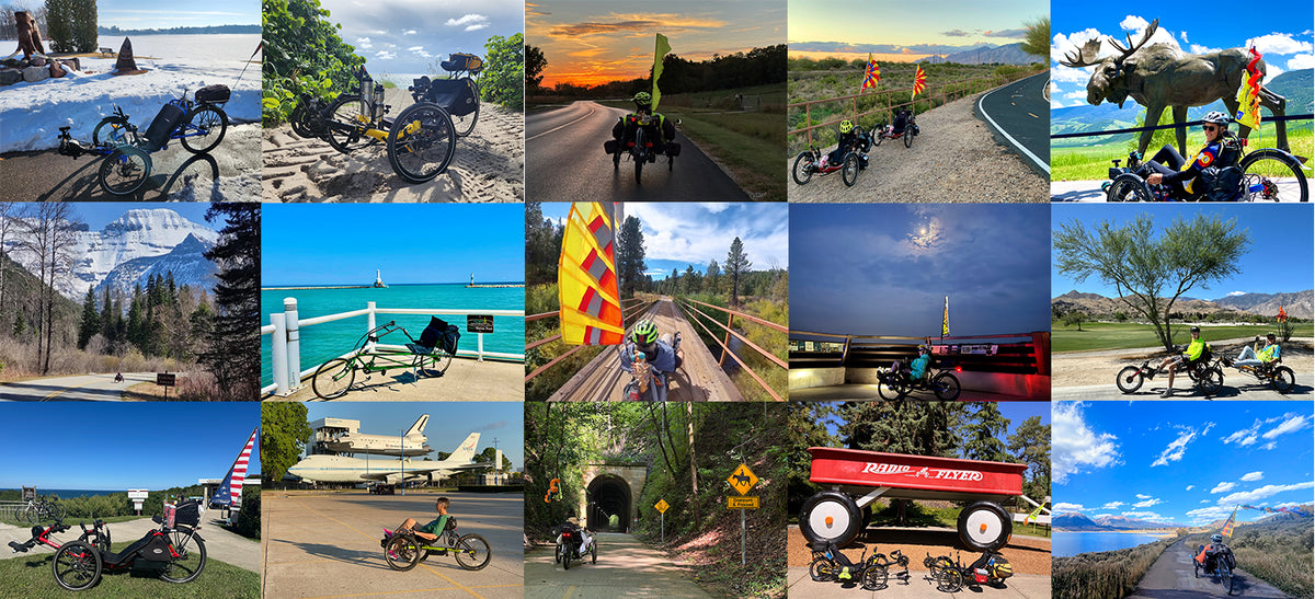 A 4x4 collage of outdoor cycling scenes featuring bicycles, riders, scenic roads, mountains, lakes, and various themed bike setups including a moose head sign, a red vintage-style cart, and a small airplane.